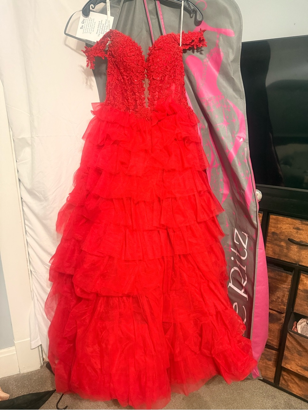 Sherri Hill Red Off-Shoulder Layered Tulle Prom Gown